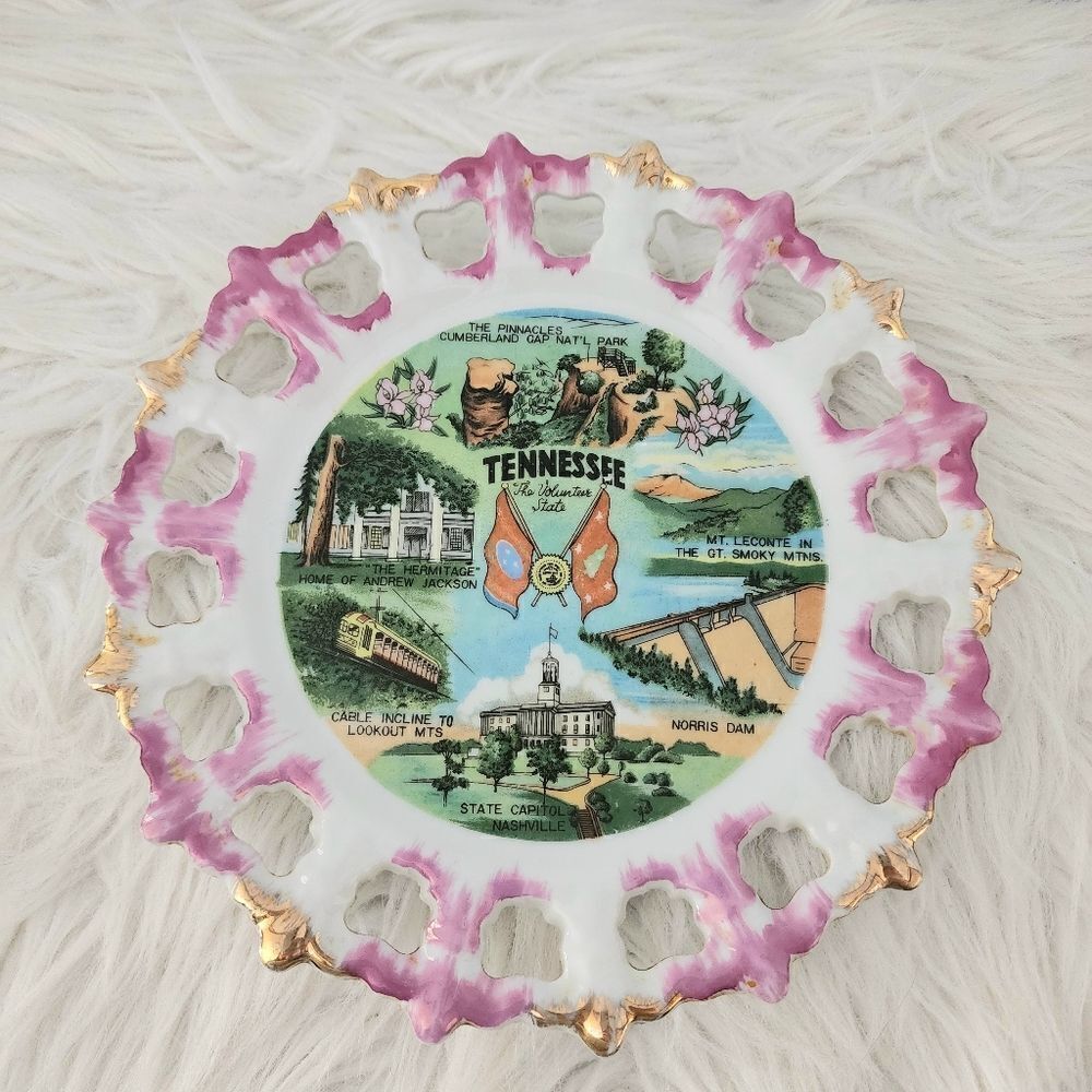 Vintage Tennessee State Decorative plate Gold Trim 8" Pierced lace souvenir